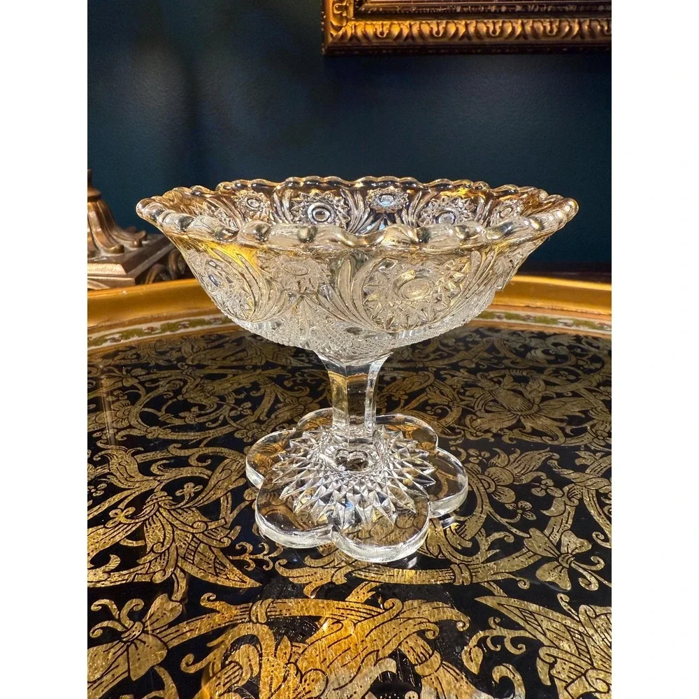 Antique EAPG Compote Bowl: Daisy Button Pattern, Gold Rim Pedestal‎ Dish